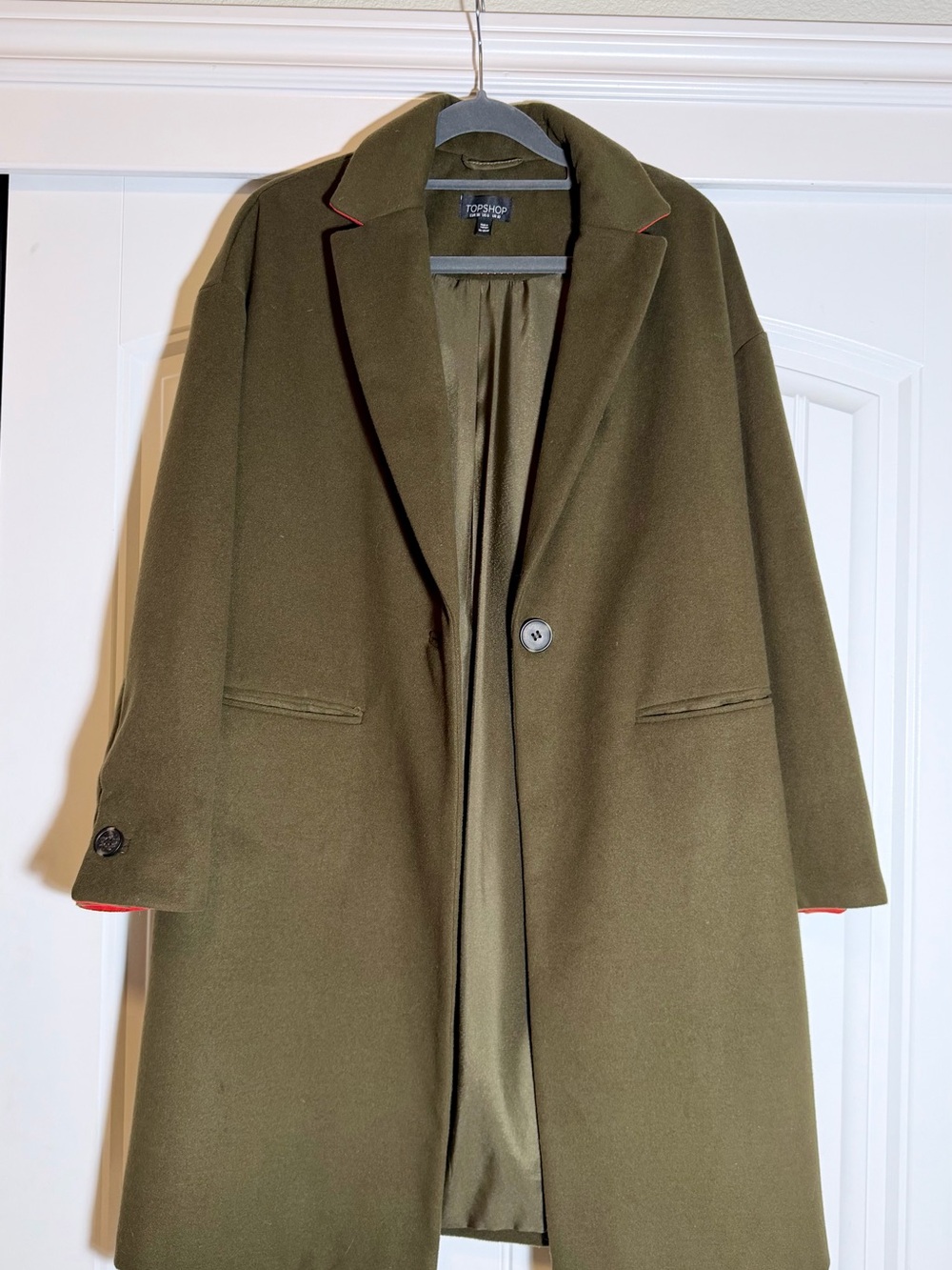 Topshop Olive Green Single-Button Trench Coat with Red Piping